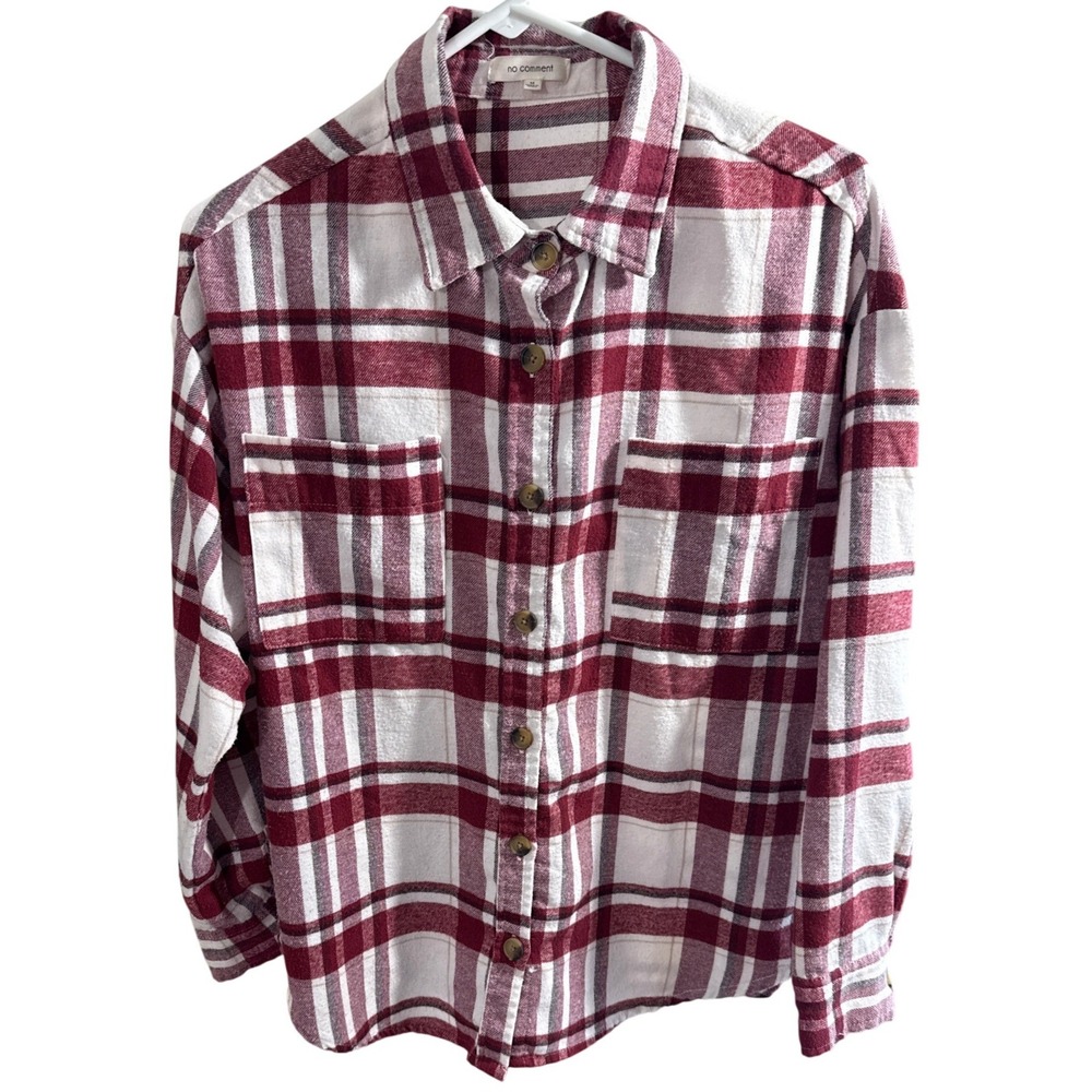 No Comment Burgundy White Plaid Button Down Flannel Shirt RW321915 Mens Medium
